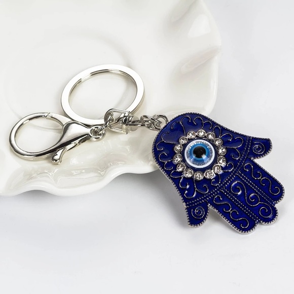 Bohemian Blue Crystal Hamsa Hand with Evil Eye Keychain - Picture 2 of 13